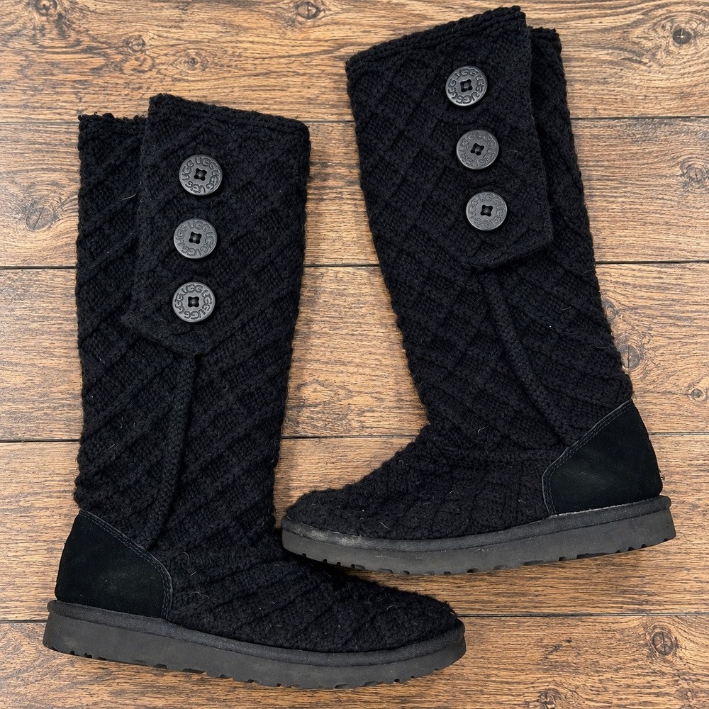 Y2K UGG Australia Lattice Cardy Black Knit Tall Boots 8 2000s Fall Boho Autumn